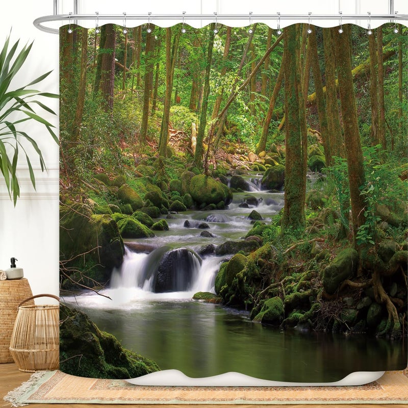 ZXMBF Nature Shower Curtain Flowing Stream Forest Waterfall Natural Landscape Green Trees Jungle Mossy Rocks Themed Scenery Waterproof Fabric Bathroom Decor 72x72 Inch Plastic Hooks 12PCS - Image 1